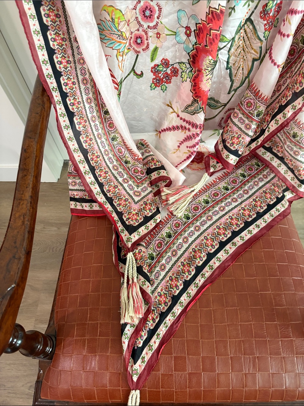 Johnny Was 100% Silk Floral Scarf—GORGEOUS! Reds, Pinks, Greens & More. EUC! - Picture 3 of 6